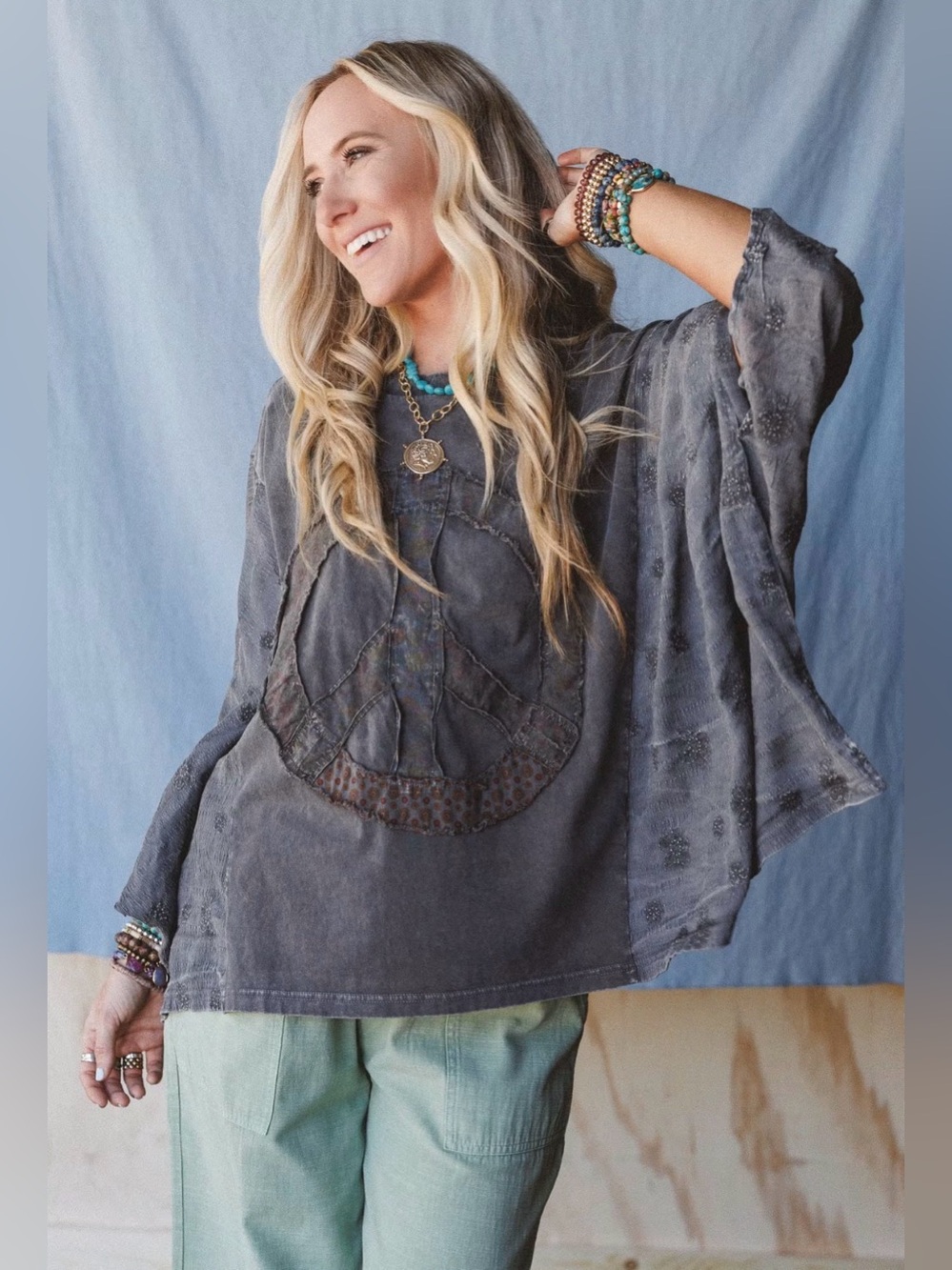 Easel Washed Gray Peace Sign Poncho Top